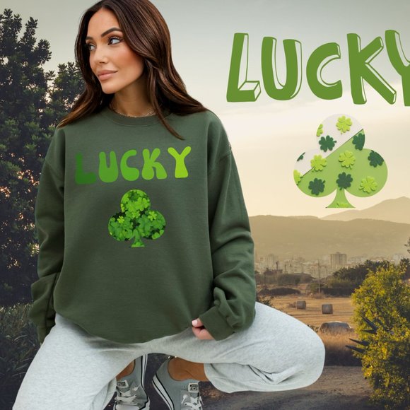 Lucky Sweatshirt Saint Patric's Day College Sweatshirt Military Green Shirt - Picture 6 of 10